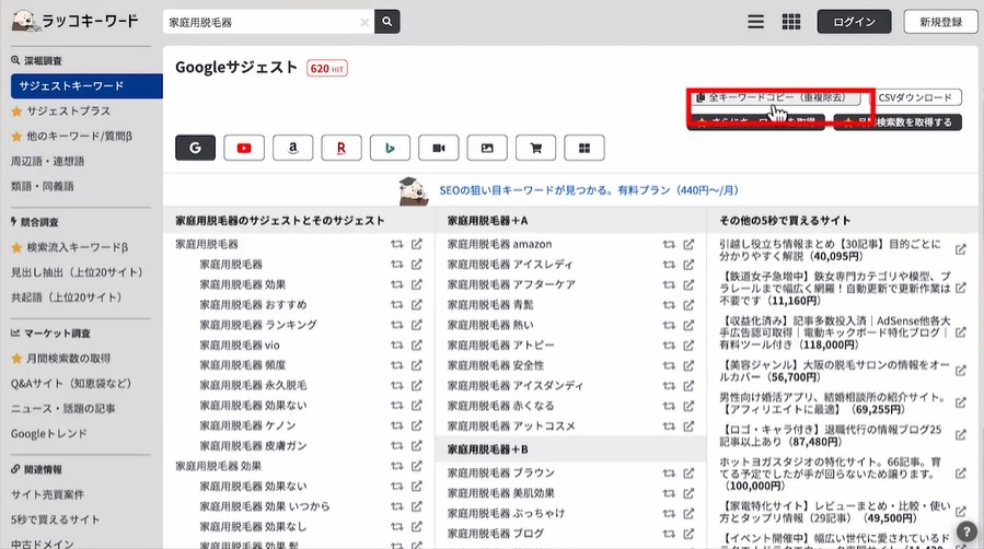 表示された膨大な数の関連キーワードをコピー